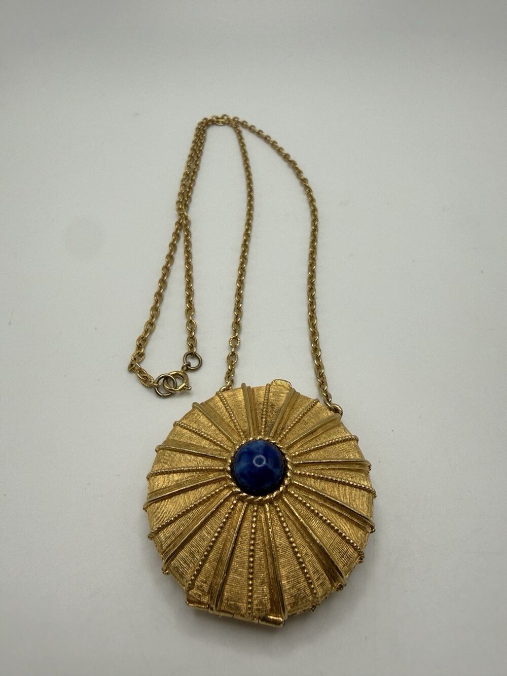 Vintage New Estee Lauder Gold Blue Compact Locket Trinket Necklace Solid Perfume